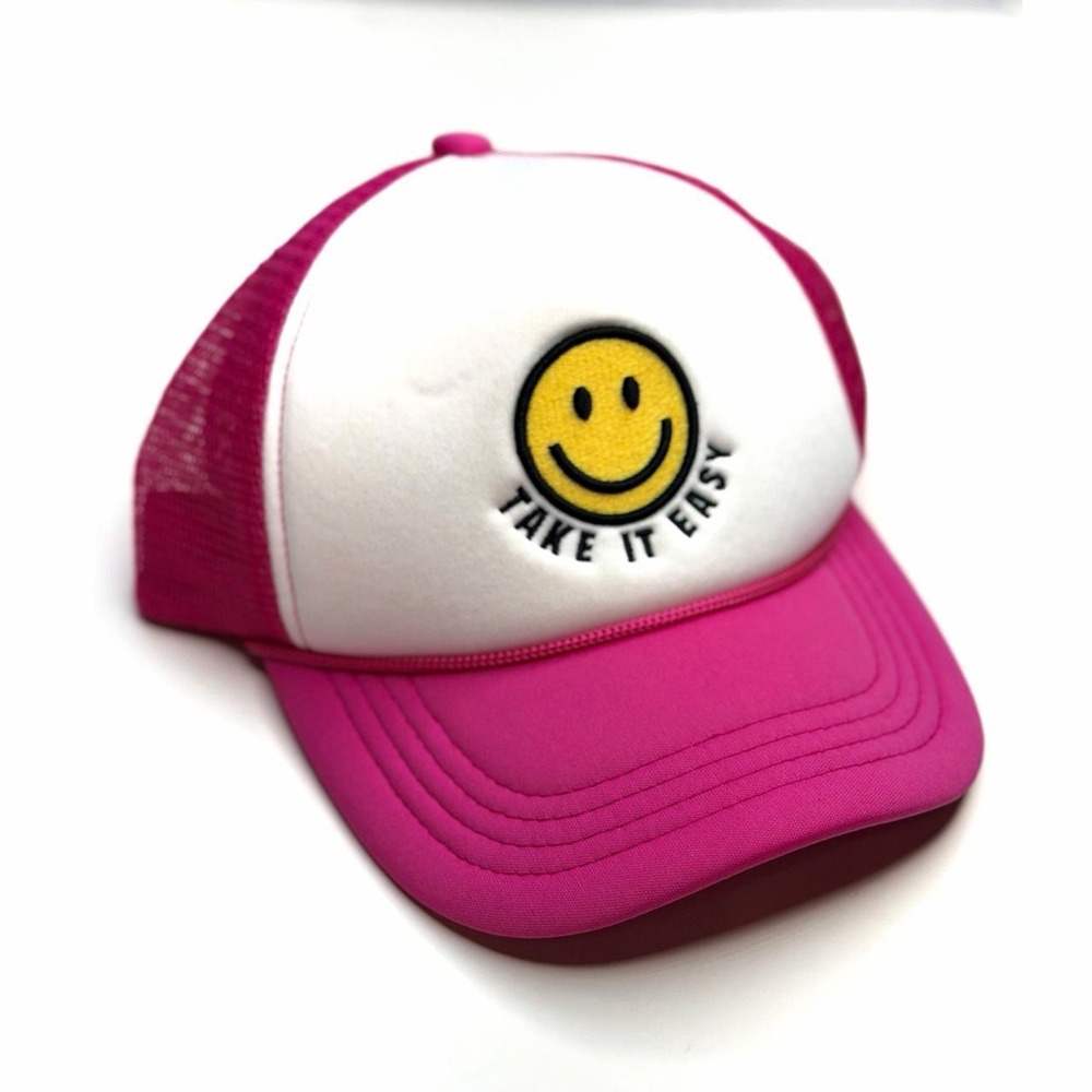 C.C. Pink & White Trucker Hat 'TAKE IT EASY' Smiley Face Women's